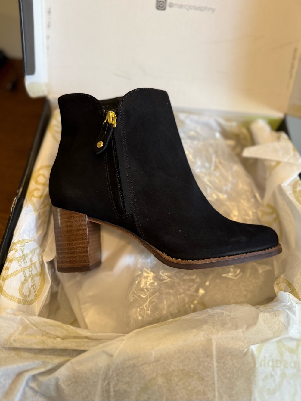 Marc Joseph Grand Central Black Suede Ankle Boot with Stacked Heel - NEW 7